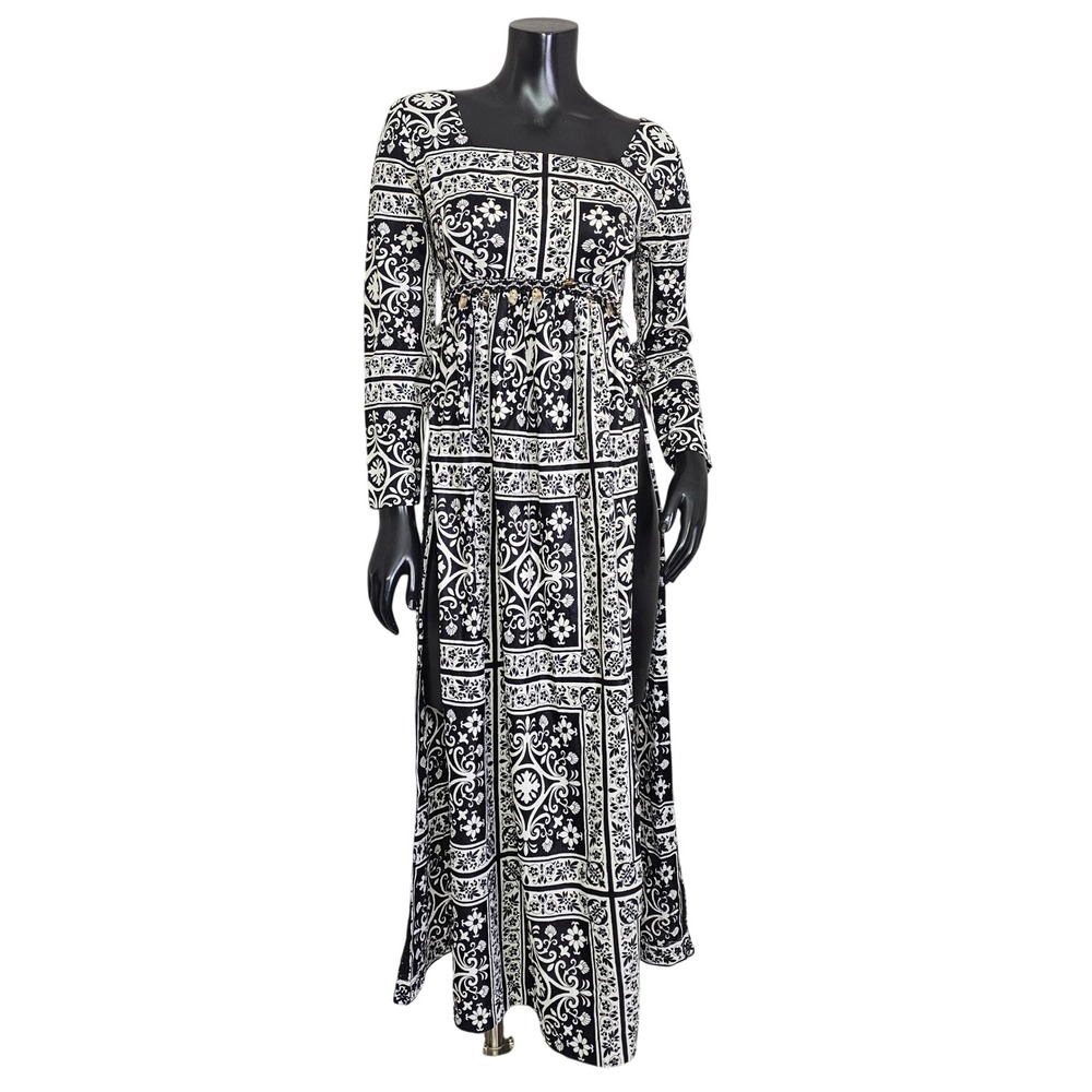 Vintage 70s Tea Timer Maxi Dress Black‎ White  Damask Side Slits Beaded Boho XS